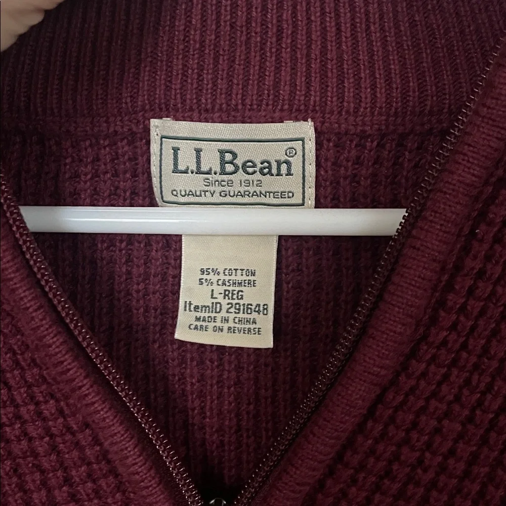 L.L. Bean Men's Large Regular Cotton Cashmere Deep Red Fourth‎ Zip-Up Sweater